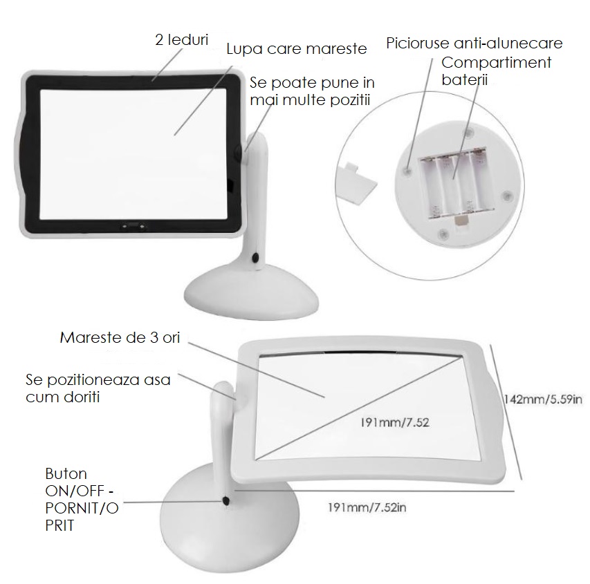Lupa STAND de birou cu suport, iluminare LED, marire 3X, alba - imagine 3