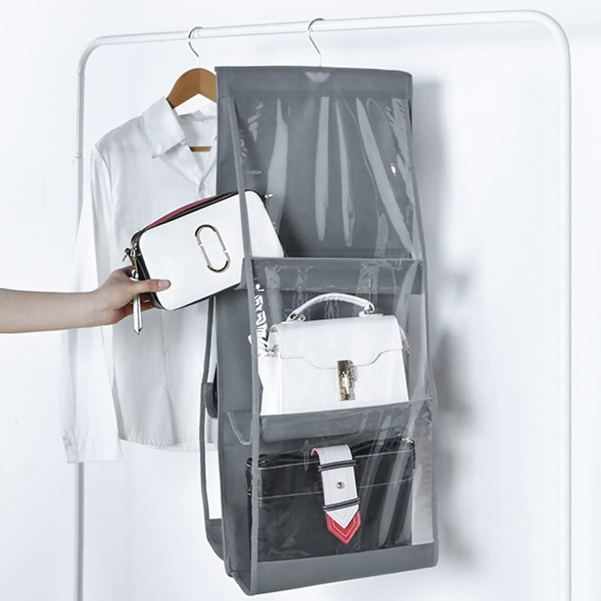 Organizator genti cu 6 compartimente transparente