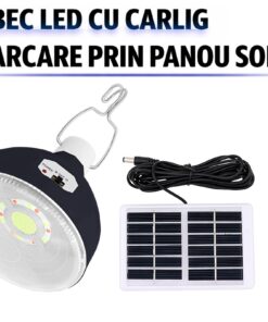 Bec Solar cu panou LED, 2 Tipuri de Lumina, Fara Fir, Rezistenta IP65, pentru Terasa, Camping si Gradina