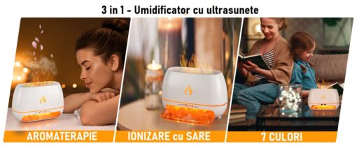 Umidificator FLAME cu ultrasunete, lumina colorata si sare de Himalaya - imagine 12