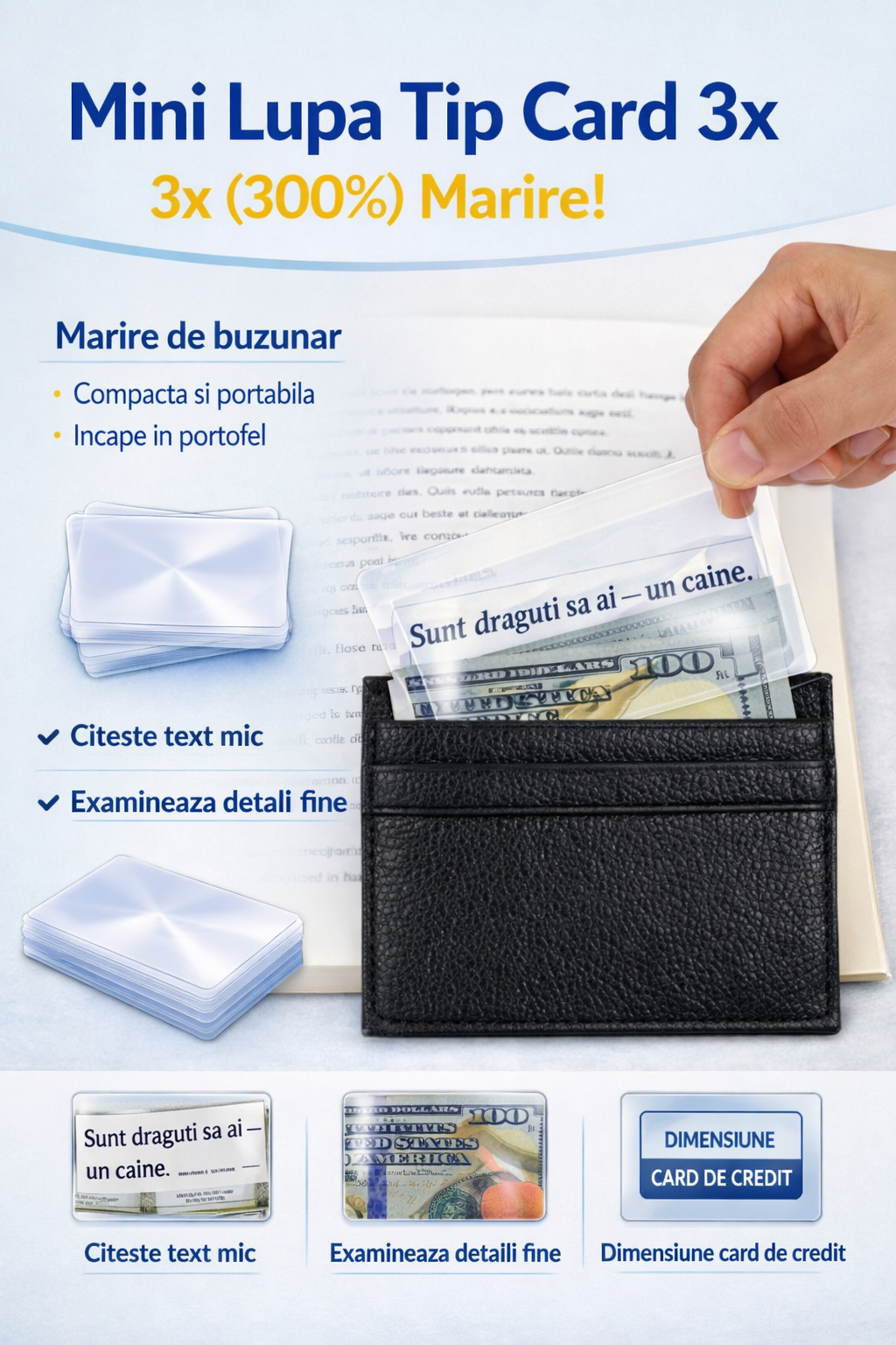 Mini lupa tip card 3x (300%) – lupa de buzunar subtire, ultra compacta