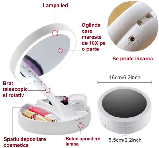 Oglinda cosmetica pliabila cu lumina LED si marire 10X - imagine 3