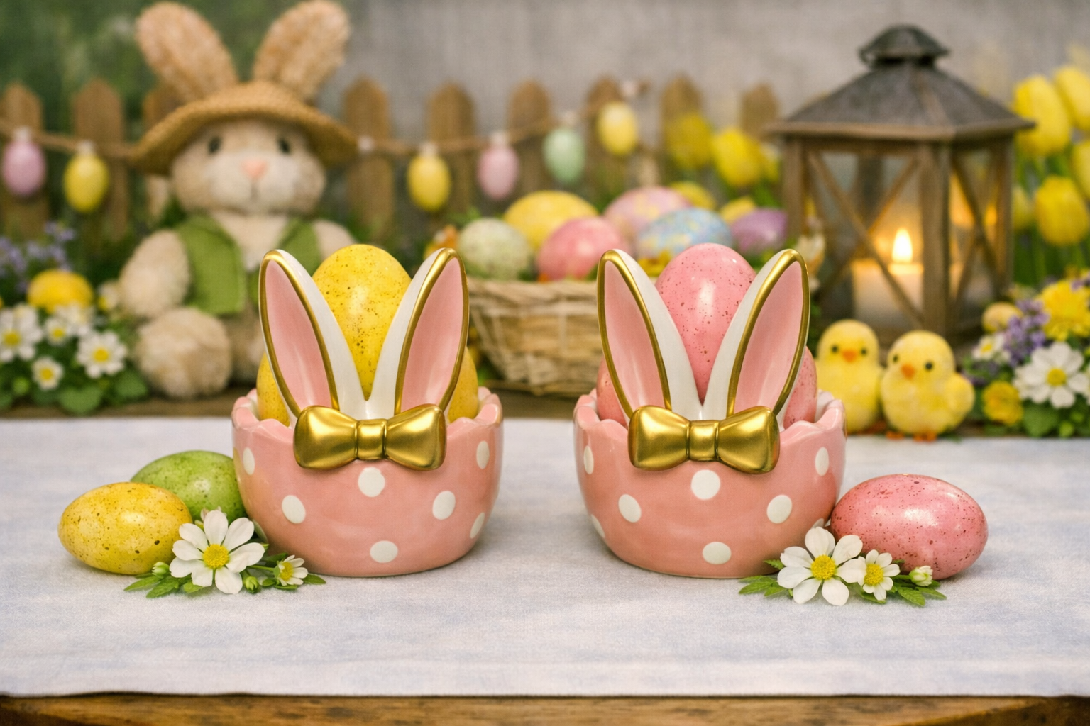 Suport oua ceramica iepuras – decor pastel pentru masa de Paste, set 2 buc - imagine 2