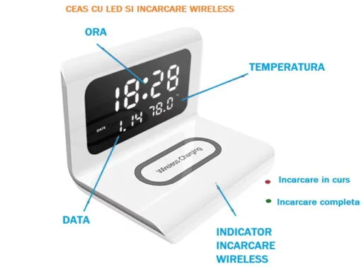 Ceas digital cu statie pentru incarcare wireless, data, alarma si temperatura - imagine 2