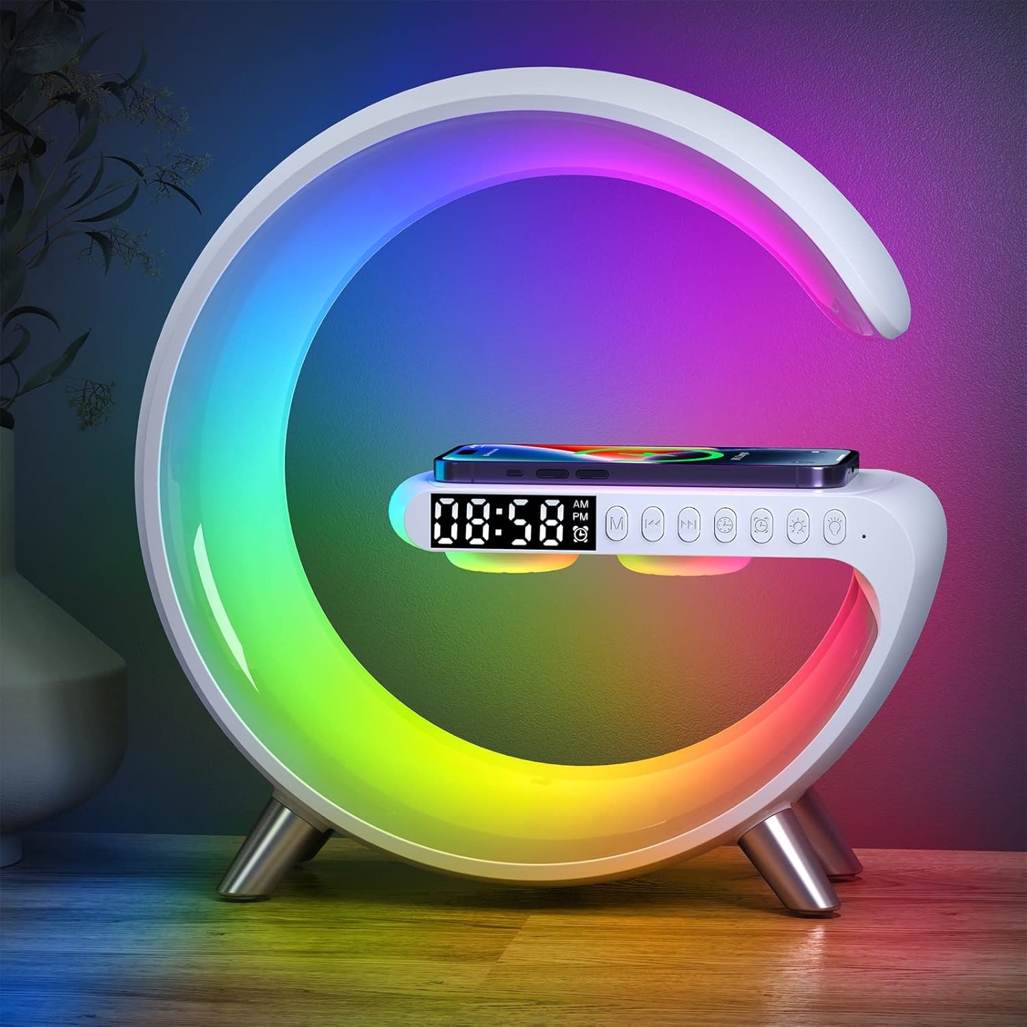 Boxa Smart 3 in 1 – Lampa LED Multicolora, Incarcare Wireless Fast Charge, Bluetooth, Alarma