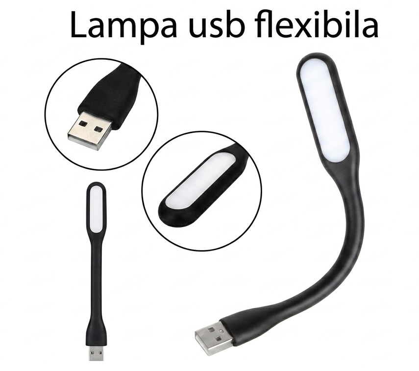 Mini Lampa LED USB, Flexibila pentru Laptop, Power Bank, Lumina Alba Rece, 1.2W